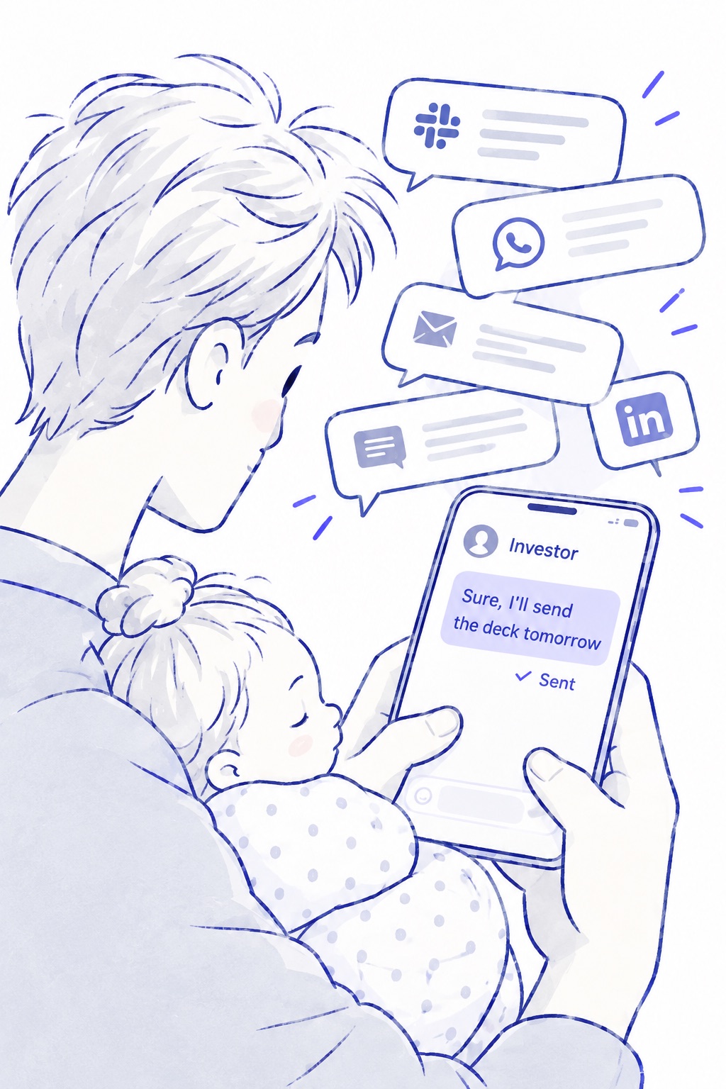 Illustration: over Danny's shoulder, he holds his sleeping newborn daughter in one arm and types to an investor with the other hand: “Sure, I'll send the deck tomorrow”, marked Sent. Notifications from Slack, WhatsApp, email and LinkedIn pile up around the phone.