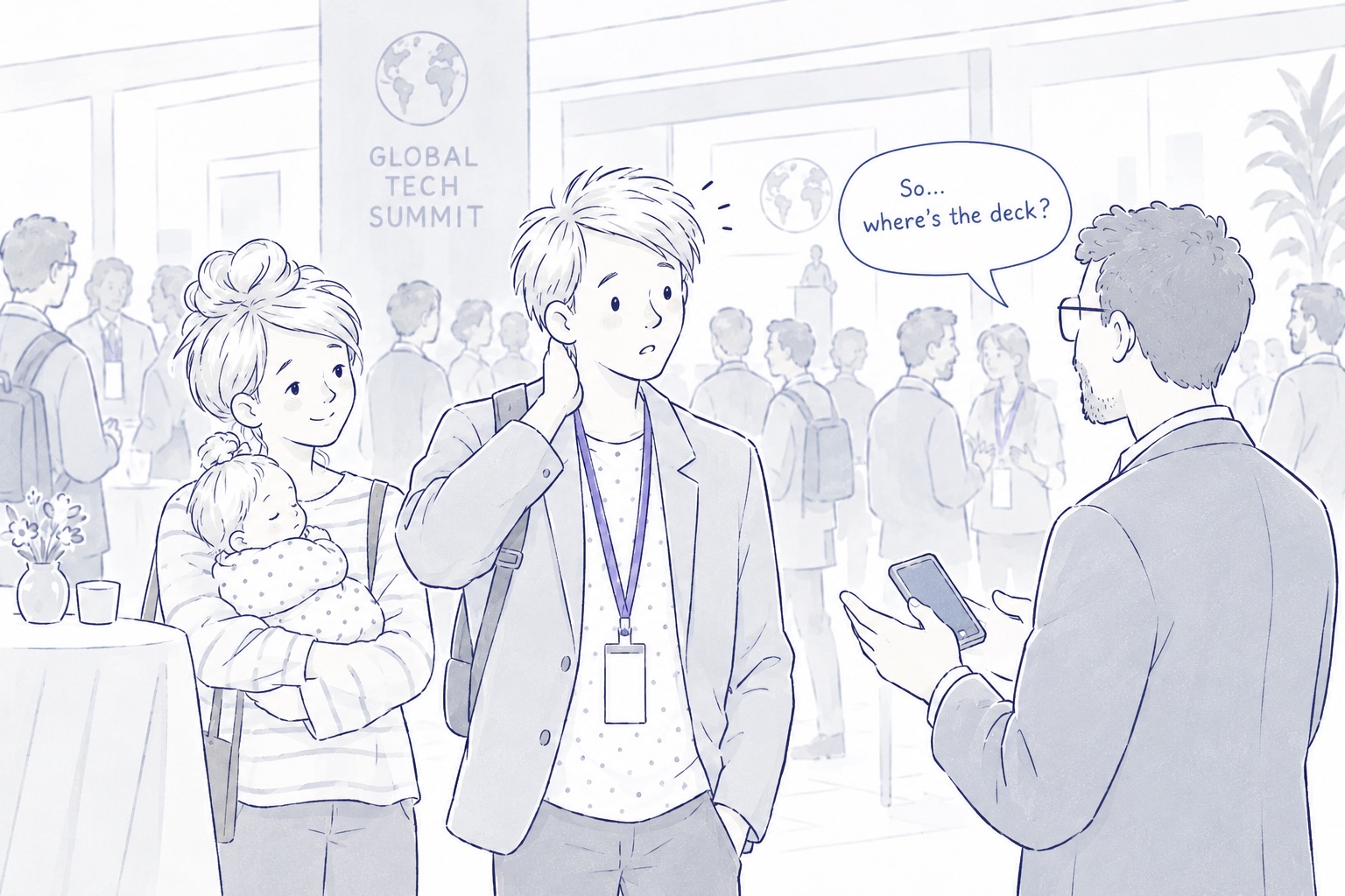 Illustration: days later at a busy Global Tech Summit, an investor holding a phone asks Danny “So… where's the deck?”. Danny rubs the back of his neck, caught off guard, while his wife stands behind him holding their sleeping baby.
